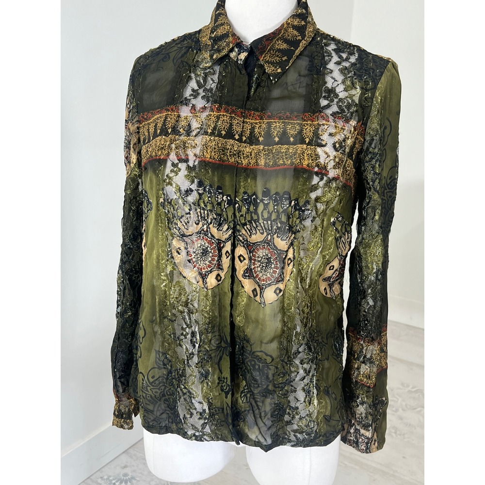 Agora Olive Green Sheer Lace Velvet Burnout Mixed Print Button Up Shirt Small